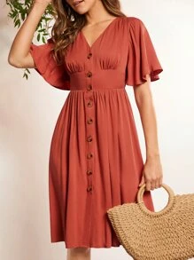 SHEIN LUNE 蝴蝶袖前紐扣連衣裙 - 紅木色 - 查看 5