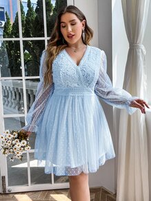 Simplee Plus Size Women Summer New Solid Color Lace Mesh Sweet V-Neck Long Sleeve Dress, Suitable For Music Festival And Wedding Guest - Baby Blue - View 4