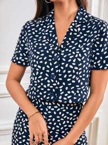 SHEIN Frenchy Dalmatian Print Blouse & Wide Leg Pants - Navy Blue - View 2