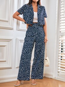 SHEIN Frenchy Dalmatian Print Blouse & Wide Leg Pants - Navy Blue - View 1
