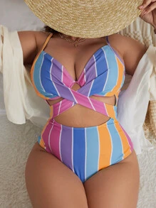 SHEIN Swim Curve Cộng với kích thước một mảnh Hội Chữ thập Cắt ra Sọc - Nhiều màu - Xem 1