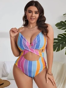 SHEIN Swim Curve Cộng với kích thước một mảnh Hội Chữ thập Cắt ra Sọc - Nhiều màu - Xem 4