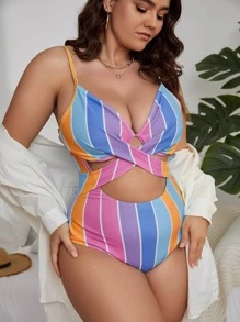 SHEIN Swim Curve Cộng với kích thước một mảnh Hội Chữ thập Cắt ra Sọc - Nhiều màu - Xem 5