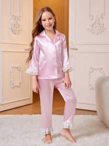 Đồ mặc nhà Gái Túi Xù Nút phía trước Khối Màu Dễ thương - Màu Hồng baby - Xem 4