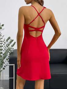 SHEIN Essnce Crisscross Backless Knot Front Halter Neck Dress - Red - View 2