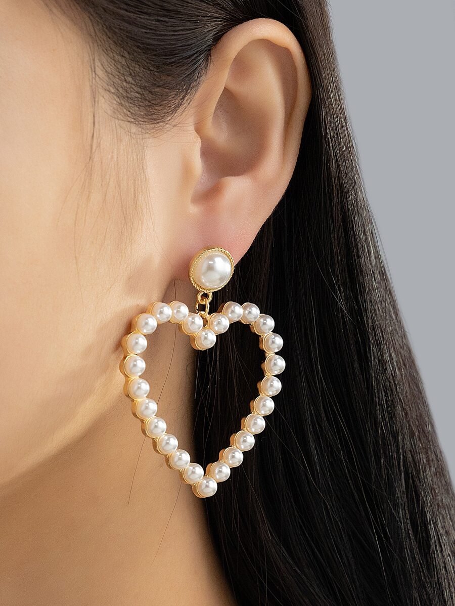 Faux Pearl Heart Drop Earrings - Yellow Gold - View 1
