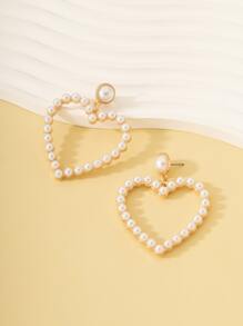 Faux Pearl Heart Drop Earrings - Yellow Gold - View 2