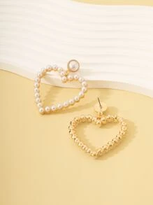 Faux Pearl Heart Drop Earrings - Yellow Gold - View 3