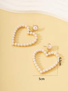 Faux Pearl Heart Drop Earrings - Yellow Gold - View 4