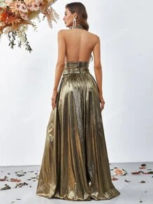Faeriesty Cross Wrap Front Backless Metallic Halter Wide Leg Elegant Jumpsuit