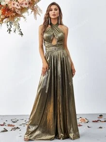 Faeriesty Cross Wrap Front Backless Metallic Halter Wide Leg Elegant Jumpsuit