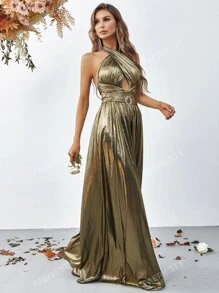 Faeriesty Cross Wrap Front Backless Metallic Halter Wide Leg Elegant Jumpsuit