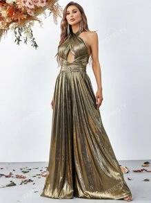 Faeriesty Cross Wrap Front Backless Metallic Halter Wide Leg Elegant Jumpsuit