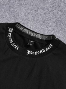 Manfinity VCAY 男士T恤修身領短袖標語圓領T恤休閒都市夏日 - 黑色 - 查看 3