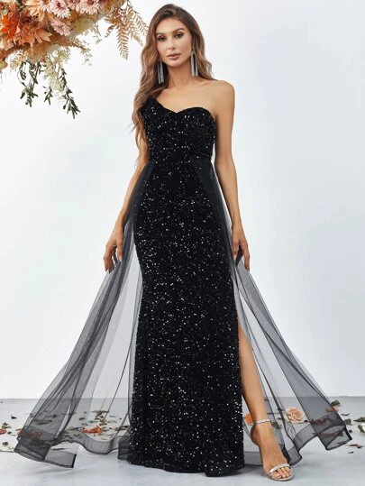 單肩高衩亮片網紗覆蓋正式連衣裙