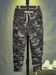 SHEIN Boys Camo Print Drawstring Waist Ripped Jeans - Multicolor - View 1