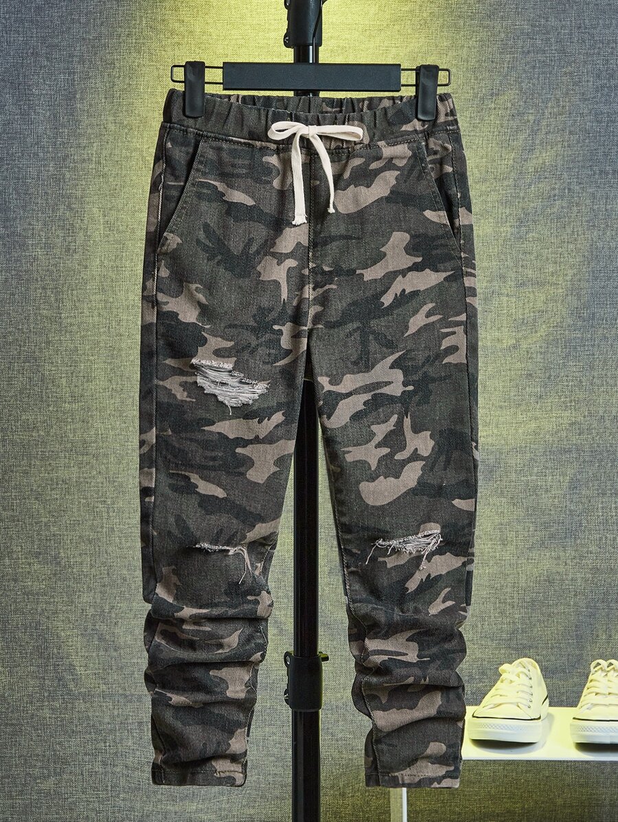 SHEIN Boys Camo Print Drawstring Waist Ripped Jeans - Multicolor - View 1