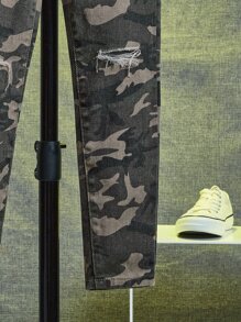 SHEIN Boys Camo Print Drawstring Waist Ripped Jeans - Multicolor - View 5