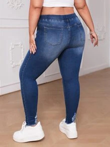 SHEIN Essnce Plus Drawstring Waist Ripped Raw Cut Skinny Jeans - Dark Wash - View 2