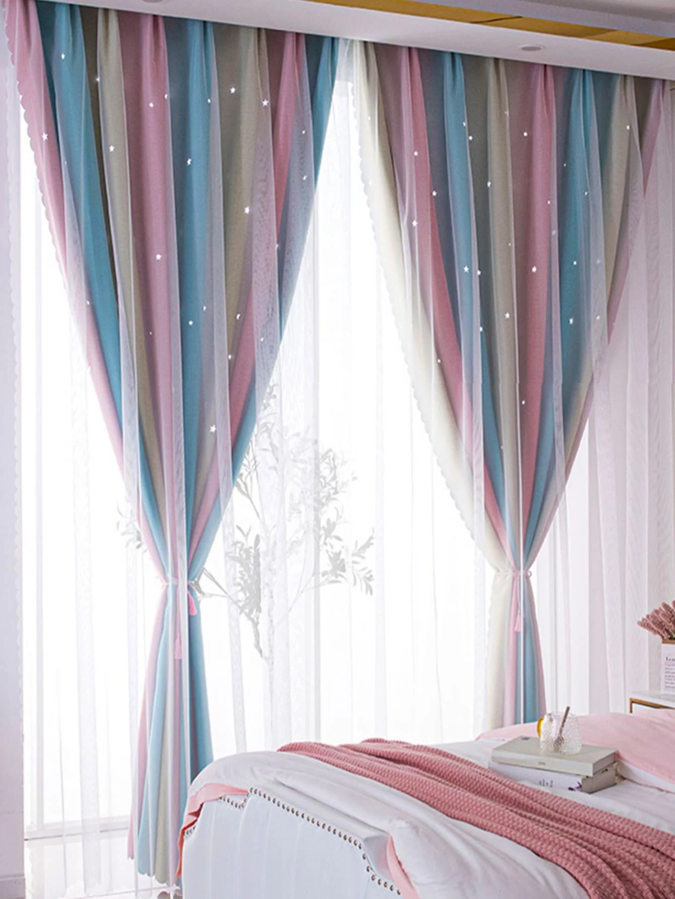 Star Stripe Double-Layer Curtain For Bedroom - Multicolor - View 1