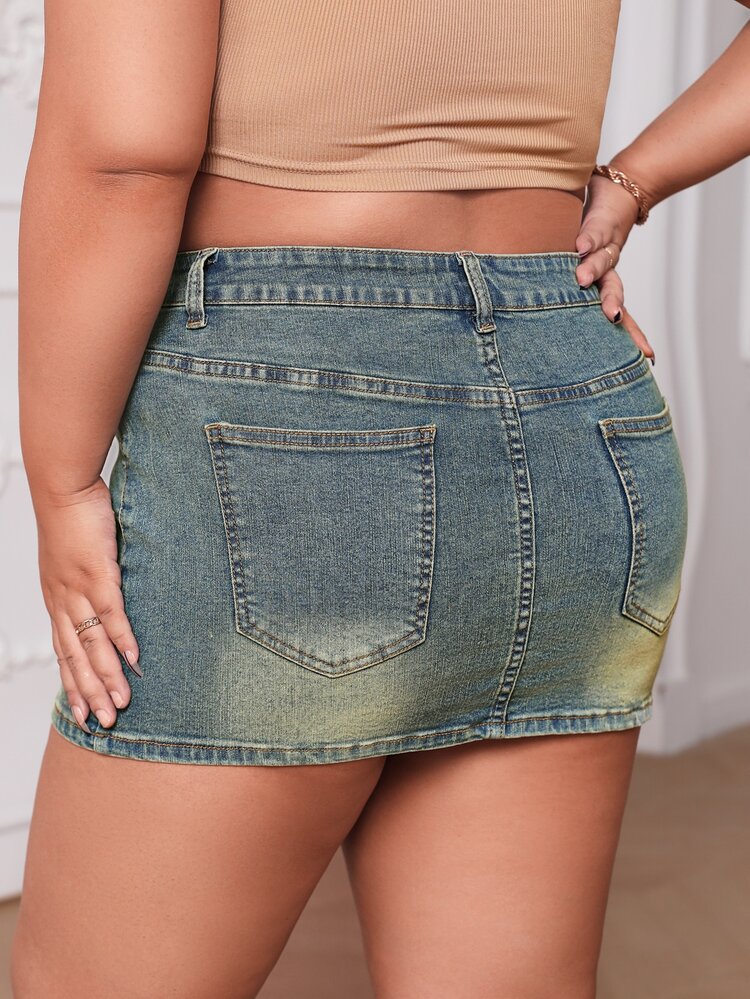 Plus Zipper Fly Bodycon Denim Skirt