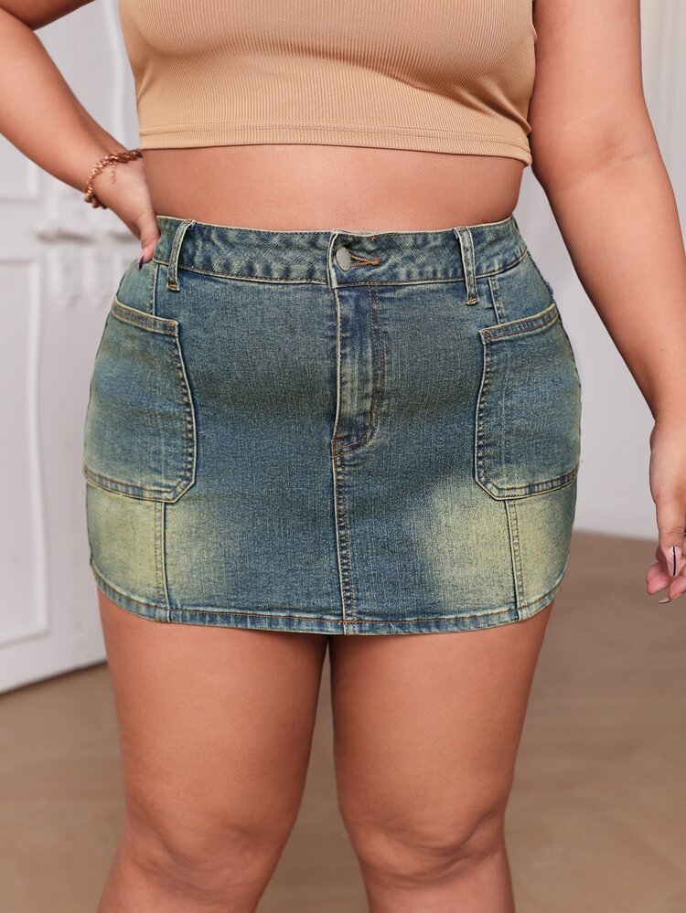 Plus Zipper Fly Bodycon Denim Skirt