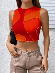 SHEIN EZwear 撞色頂針短款背心 - 橘色 - 查看 3