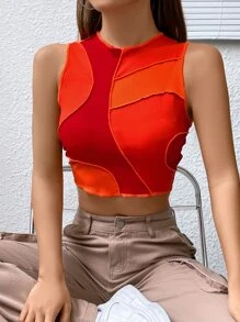 SHEIN EZwear 撞色頂針短款背心 - 橘色 - 查看 1