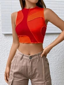 SHEIN EZwear 撞色頂針短款背心 - 橘色 - 查看 4