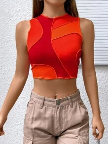 SHEIN EZwear 撞色頂針短款背心 - 橘色 - 查看 5