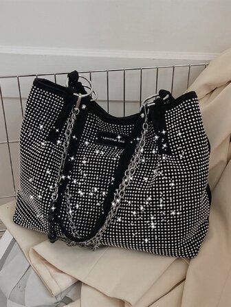 Lightweight,Business Casual Large Capacity,Waterproof,Portable Rhinestone Decor Shoulder Tote Bag PU Glamorous For Daily Life For Teen Girls Women College Students,White-collar Workers Perfect for School,College,Work ,Business,Commute,Back to School For Teen Girls Women College Students,Rookies & White-collar Workers Perfect for Office,College,Work ,Business,Commute,Outdoors, Travel, Outings