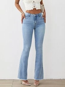 Raw Hem Flare Leg Jeans - Light Wash - View 1