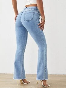 Raw Hem Flare Leg Jeans - Light Wash - View 2