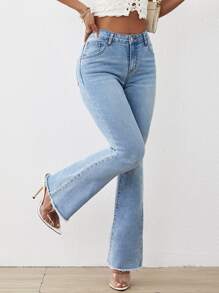 Raw Hem Flare Leg Jeans - Light Wash - View 3