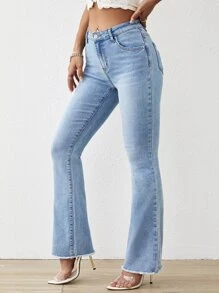 Raw Hem Flare Leg Jeans - Light Wash - View 4