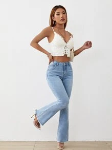 Raw Hem Flare Leg Jeans - Light Wash - View 5