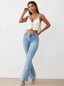 Raw Hem Flare Leg Jeans - Light Wash - View 6