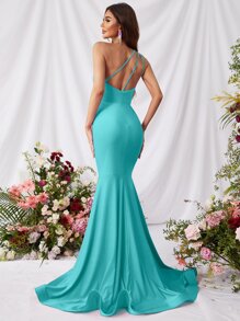 One Shoulder Mermaid Hem Satin Formal Dress - Mint Blue - View 1