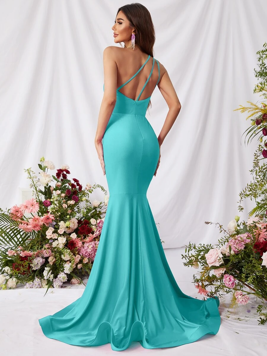 One Shoulder Mermaid Hem Satin Formal Dress - Mint Blue - View 1
