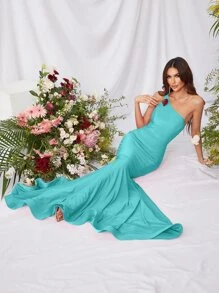 One Shoulder Mermaid Hem Satin Formal Dress - Mint Blue - View 5
