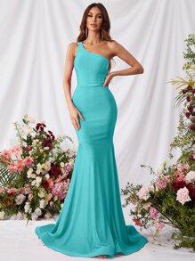 One Shoulder Mermaid Hem Satin Formal Dress - Mint Blue - View 6