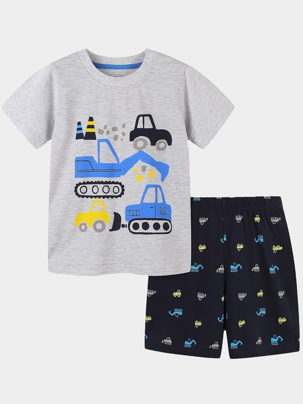 2pcs/set Toddler Boys' Casual Short Sleeve Shorts Set With Construction Vehicle Print, Summer