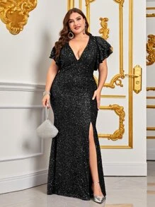 Plus Plunge Neck Layered Sleeve Split Thigh Sequin Formal Dress - Black - View 1