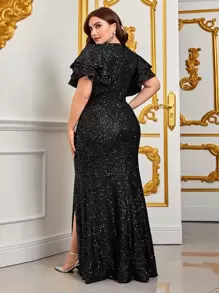 Plus Plunge Neck Layered Sleeve Split Thigh Sequin Formal Dress - Black - View 2