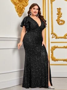 Plus Plunge Neck Layered Sleeve Split Thigh Sequin Formal Dress - Black - View 4