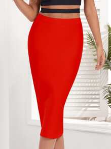 Falda de lápiz unicolor con abertura trasera - Rojo - Ver 3