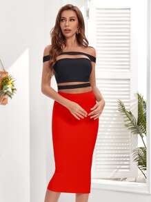 Falda de lápiz unicolor con abertura trasera - Rojo - Ver 5