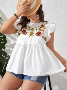 SHEIN VCAY Plus Floral Embroidery Ruffle Trim Peplum Blouse - White - View 4