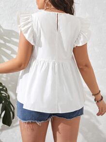 SHEIN VCAY Plus Floral Embroidery Ruffle Trim Peplum Blouse - White - View 2