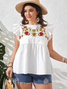 SHEIN VCAY Plus Floral Embroidery Ruffle Trim Peplum Blouse - White - View 3